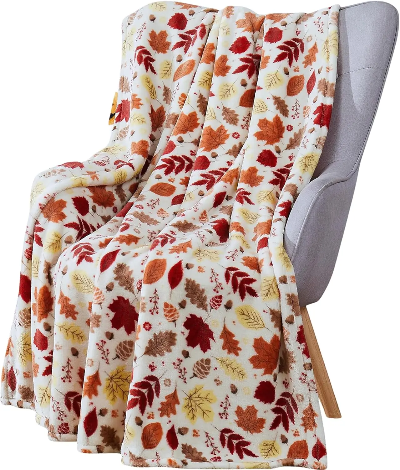 Super Soft Polyester Fiber Fall Decor Throw Blanket - Fluffy Surface, Modern Leaves & Berries, Red Yellow Brown Beige Colors, Oversized 50x70in for Living Room Couch, Bed, Oversize 50X70"