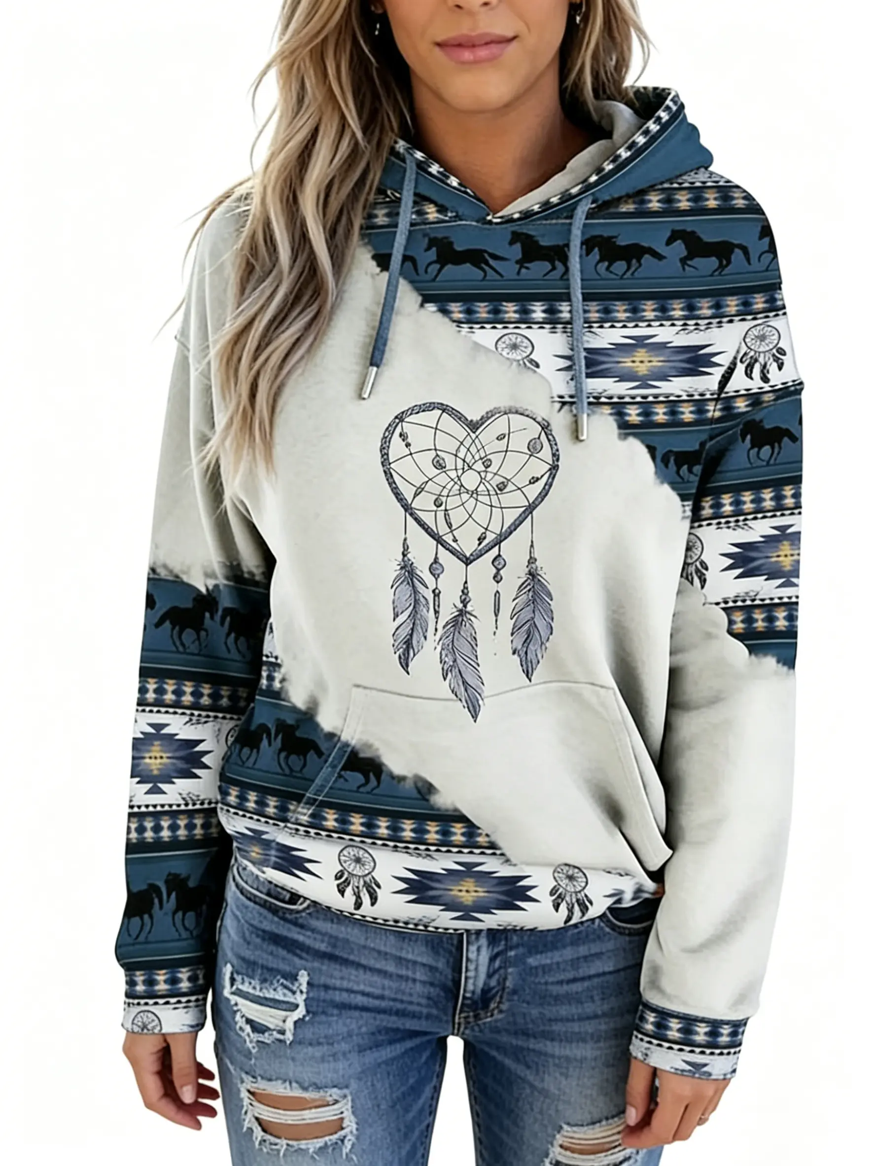 Women's Retro Vintage Bohemian Casual Soft Knit Long-Sleeve Pullover Hoodie, Polyester-Cotton Blend Ethnic Tribal Top with Trap and Horse Print, Hooded Neck, Medium Length, Machine Washable Everyday Fashion Sweatshirt
