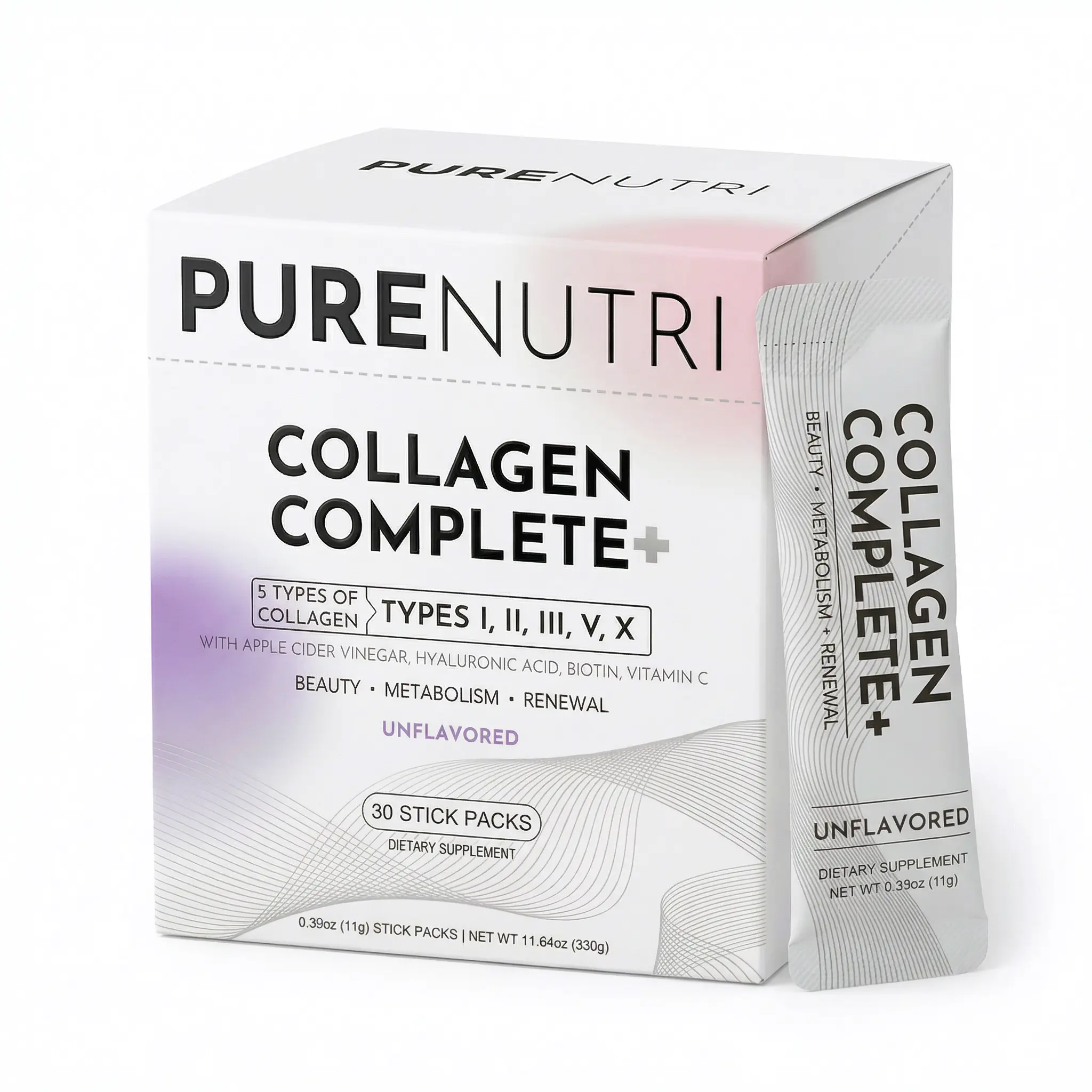 PURENUTRI Multi Collagen Peptides Powder - Hydrolyzed Multi Collagen Peptides (Type I, II, III, V, X) with Hyaluronic Acid, Biotin, Vitamin C & Apple Cider Vinegar, Unflavored, 30 Stick Packs