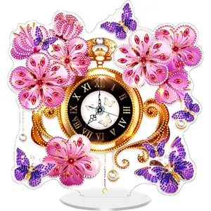 Acrylic Special Shape Flower Butterfly 5D Diamond Painting Clock Art Craft Diamond Painting Clock Handicraft Diamond Art Clock Ornaments Kit Living Room Decoration