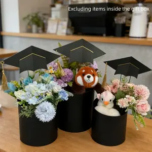 Circular Phd Hat Flower Box Set of 3, Fresh Flowers Chocolate Surprise Bucket, Gift Packaging Box for University Ceremonies