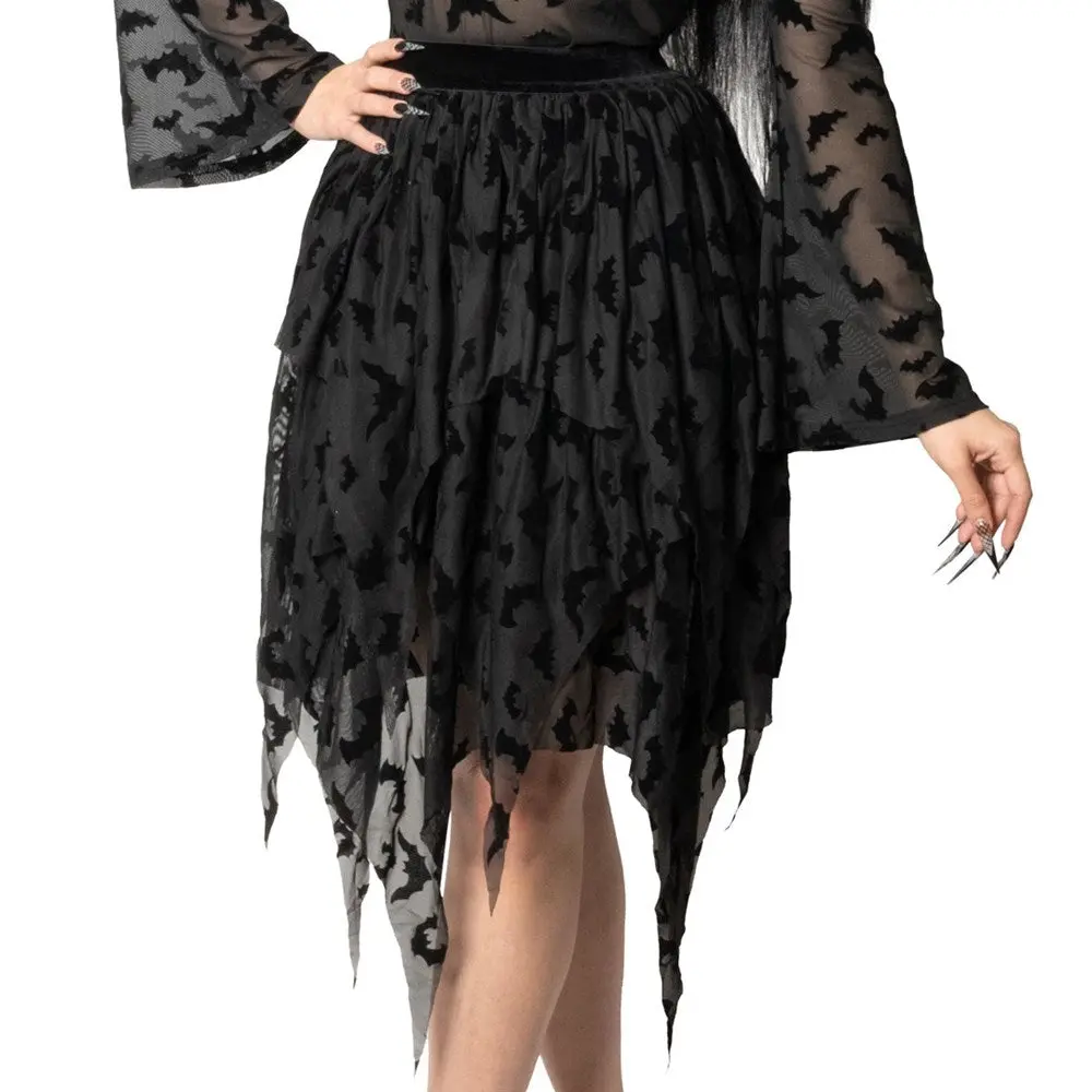 Bat Repeat Mesh Tiered Midi Skirt Black Elastic Spandex Womenswear