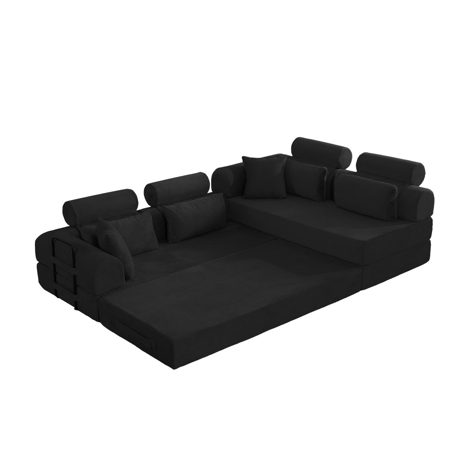 Niccae L shape Modular Sectional Sofa, Compressed Sectional Sofa Modern Minimalist Style Corduroy Couch,Unfold into a bed, Bedroom, Comfy Compressed Sofa Couch Space-Efficient Design(black)