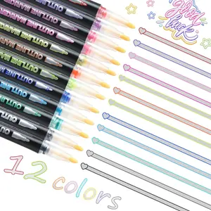 Outline Marker Self-outline Metallic Markers, 12 Colors Squiggles Shimmer Outline Markers Pen Set for Drawing Art School Supplies, Glitter Pen Set for Cards Lettering