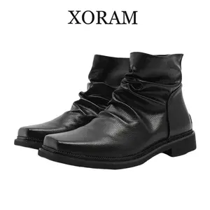 Minimalist style men's square-toed pleated leather boots, black soft leather fashion boots, versatile for commuting, vintage breathable pleated casual ankle boots 66595-K