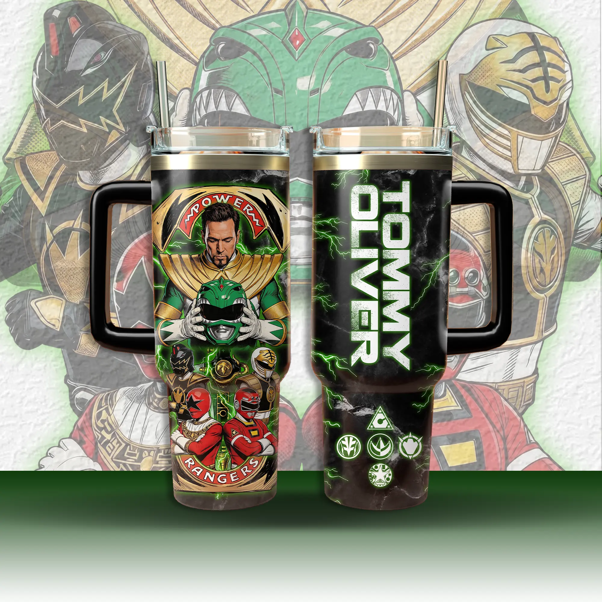 Mighty Morphin Power Ranger Ranger Tumbler 40oz 20oz, Tommy Oliver Green White Ranger Stainless Steel Travel Tumbler With Handle & Straw, Fan Collectible Gift
