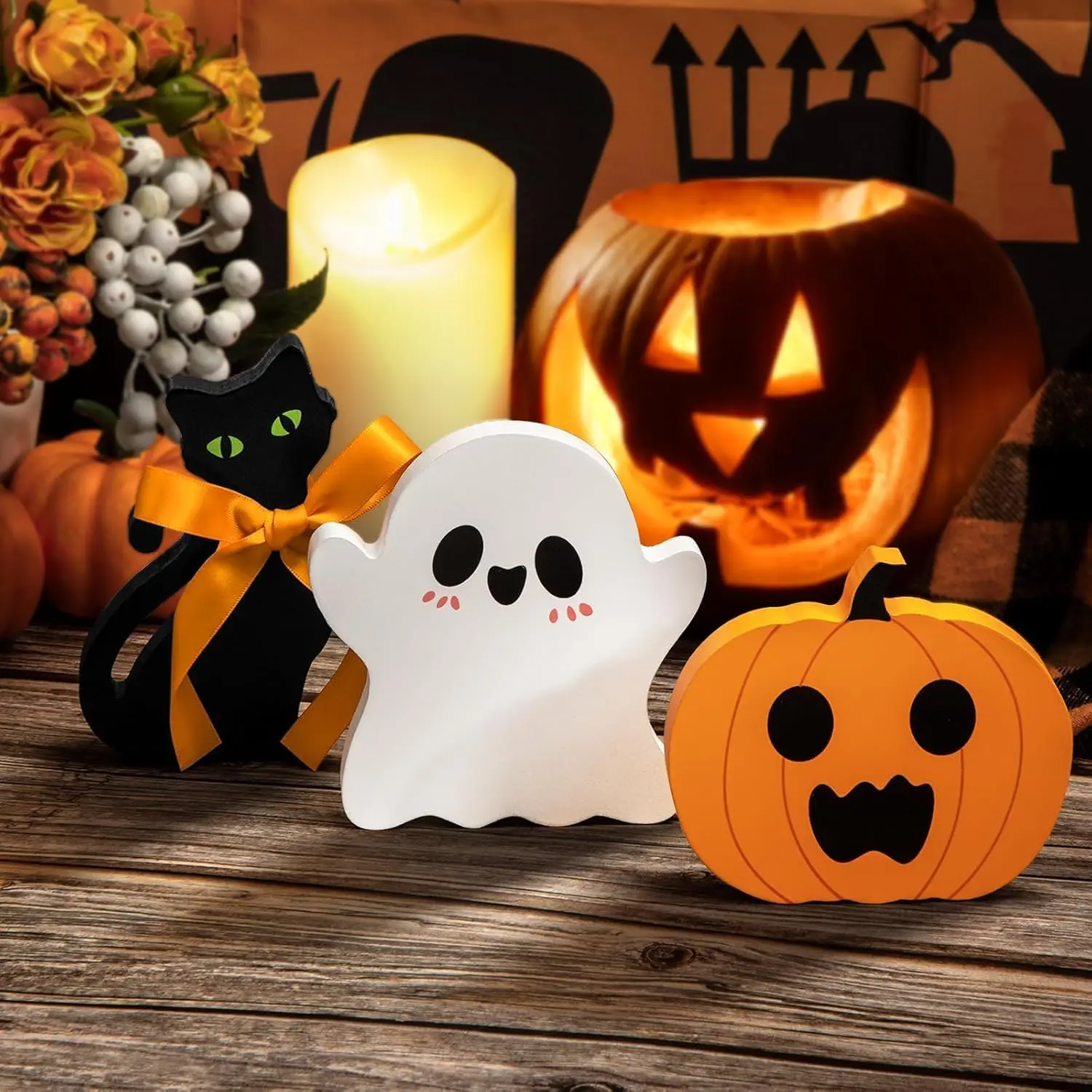 Cute Ghost Halloween Decor Tiered Tray Decoration Indoor Pumpkin and Black Cat Halloween Table Sign for Party, Halloween Decor for Kitchen, Bathroom and Bedroom