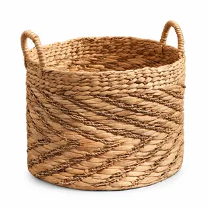 Woven Storage Basket with Handles 15 Inch Round Water Hyacinth Seagrass Basket Natural Brown Decorative Basket for Blankets Clothes Towels Toys Magazines Living Room Bathroom Bedroom Nursery