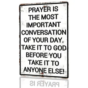 Prayer Is The Most Important Conversation Of Your Day Distressed Vintage Aluminum Metal Sign - 8x12 Inch Rustic Christian Wall Decor for Home, Church, Office & Prayer Room - Inspirational Gift for Believers, Christians & Religious Home Decor Enthusiasts