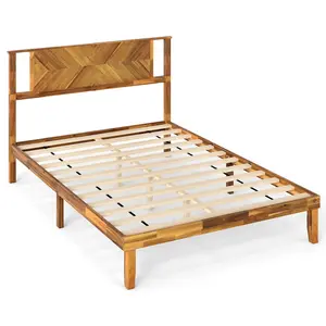 COSTWAY - Twin/Full/Queen Size Bed Frame Mid-Century Acacia Wood Platform Bed with Headboard-Full Size