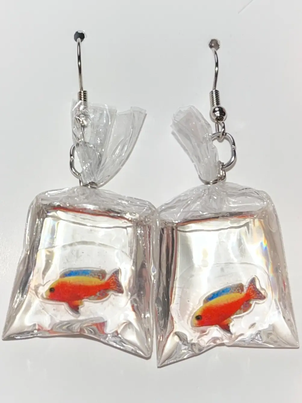 Fish in a bag earrings- cute goldfish in a plastic bag earrings cute gift