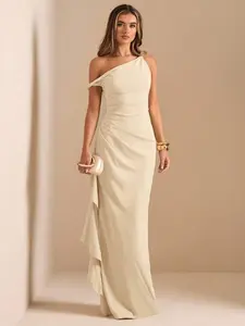 Autumn/Winter Bridesmaid Dress, Party Oblique Shoulder Twist Knot Strapless Sexy Pleated High Slit Ruffle Wrap Long Dress, Elegant Ruffle Oblique Shoulder Dress For Women ,Summer Dress,Spring Dresses For Women
