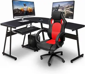 MCombo  L-Shaped Desk, Black - Gaming Desk with Keyboard Tray & CPU Stand  7112