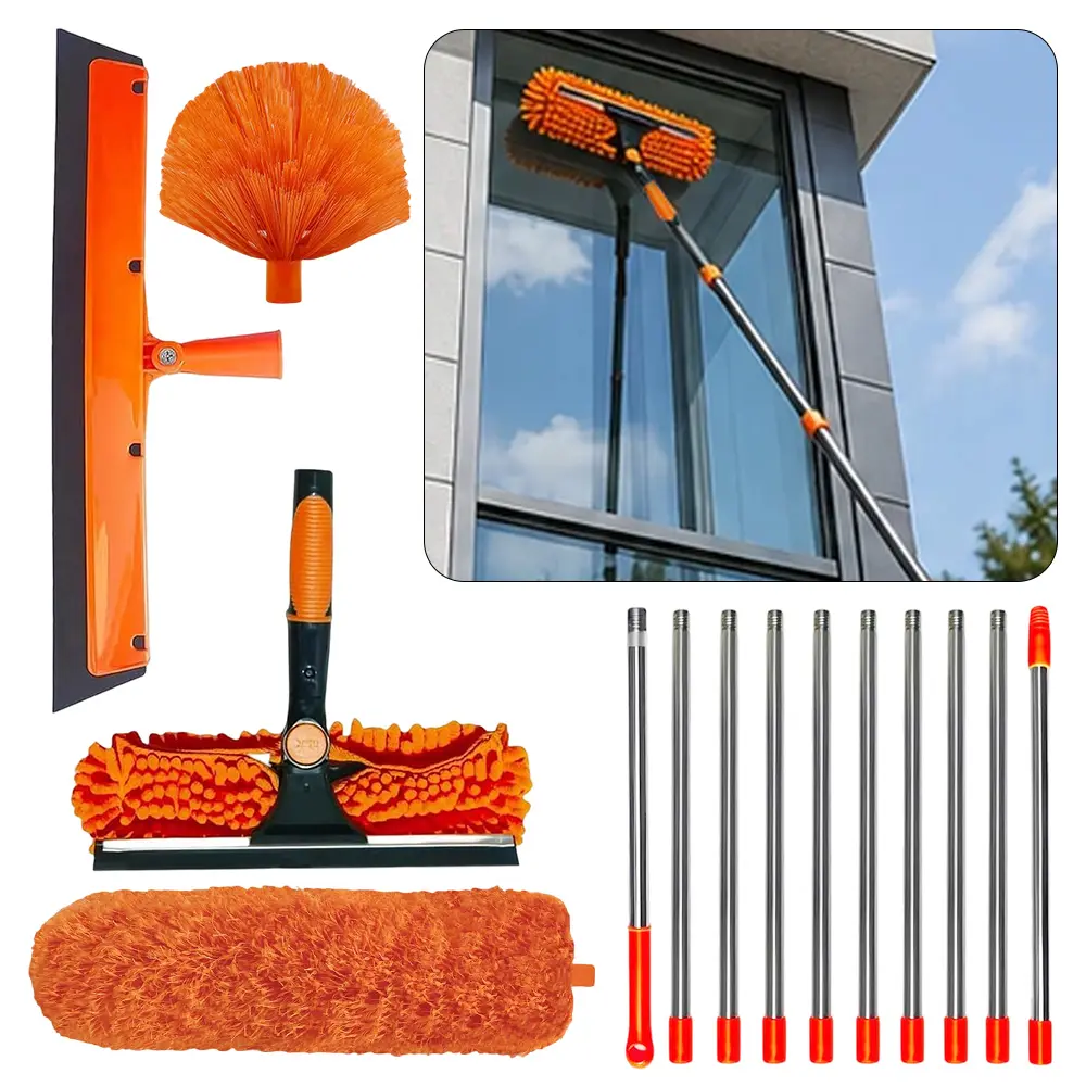 Extendable High Reach Duster Set, 3-14 ft Extension Pole, Cobweb & Corner Brush, Washable Microfiber Head for Hand-Operated Ceiling Fan, Furniture, Window Cleaning