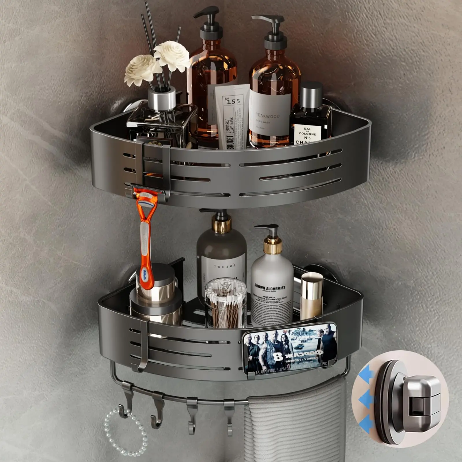 FEELSO 2-Pack No-Drill Space Aluminum Corner Bathroom Organizer, Adhesive Suction Cup Shelves with 8 Hooks, Modern Rustproof Caddy for Renters' Casual Indoor Use, Damage-Free Bathroom Decor Storage Solution, Tile Wall