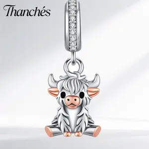 Thanches Highland Cow Charm S925 Sterling Silver Scottish Cut Animal Jewelry Cow Charm Bracelet Bead Gift for Women Mom Daily Decor