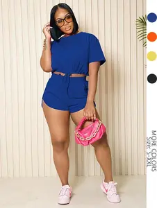 USBOUTIQUE CHIC Women's 2026 Spring Two Piece Set Short Sleeve Oversized Top & Drawstring Shorts Casual Lounge Matching Outfit in Soft Stretchy Fabric for Everyday Wear - Womenswear