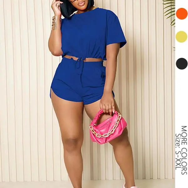 USBOUTIQUE CHIC Women's 2026 Spring Two Piece Set Short Sleeve Oversized Top & Drawstring Shorts Casual Lounge Matching Outfit in Soft Stretchy Fabric for Everyday Wear - Womenswear