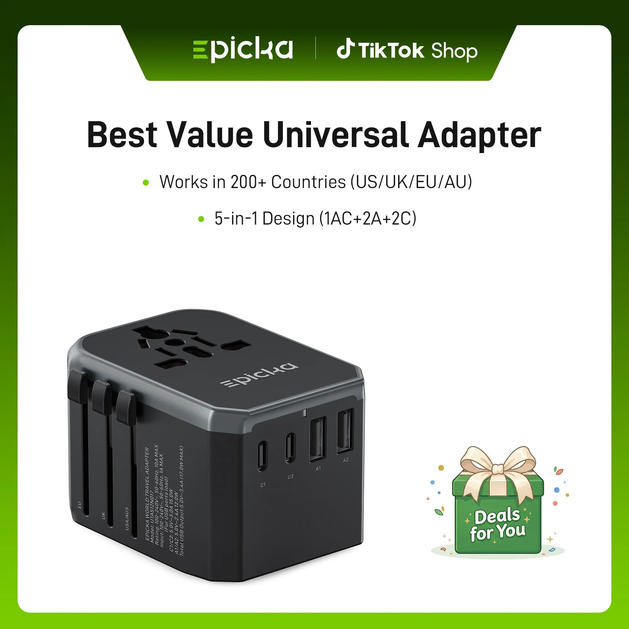 Epicka TA-105S 45W GaN USB C Charger - Portable 6-Port Universal Travel Adapter, Fast Charging Multi-Socket Solution for Mobile & Electronic Devices