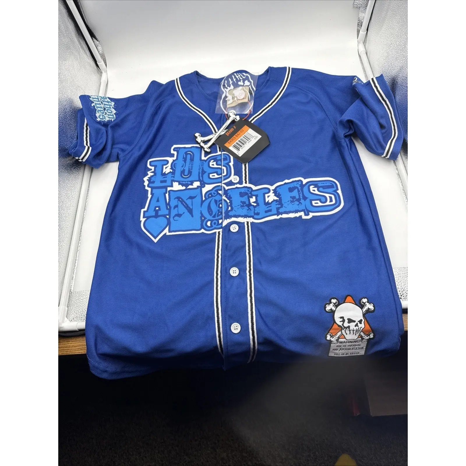 Men's Small Blue Baseball Jersey with Angel Theme Character Graphic, Short-Sleeve Button-Up Sporty Chic Top, Los Angeles-Inspired Professional Casual Sports Wear