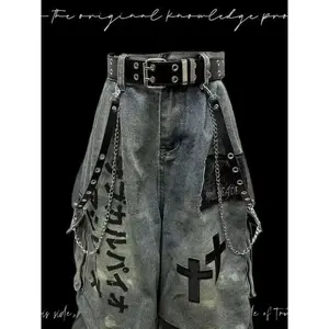 Gothic Punk Wasteland Jeans — seven-panel patchwork wide-leg design, distressed crinkle denim, men’s streetwear trousers with pockets, tropical style, can pair with a trench coat