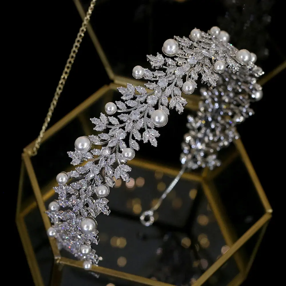 Elegant Bridal Head Band with Swarovski Crystals and Pearl Accents