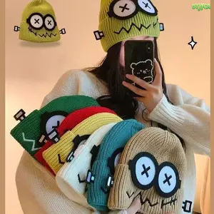 Women's Big Eyes Monster Knit Beanie, Cute Cartoon Character Winter Hat, Warm Soft Ribbed Knit, Foldable Cuff Design, Green Slim Face Design One Size Fits Most, Ideal for Daily Wear, Halloween, Winter Outings Beach vacation Summervibes