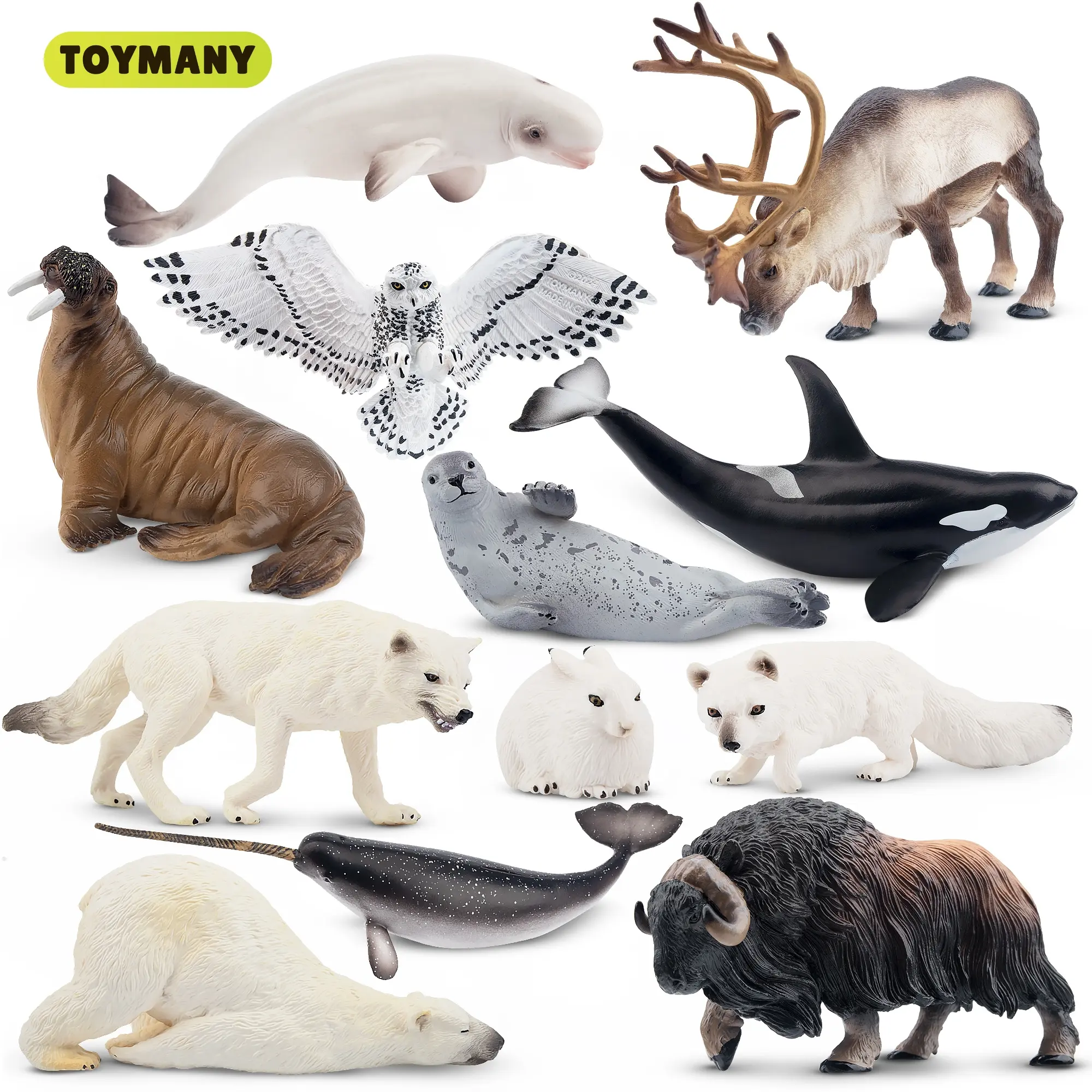 TOYMANY 12PCS 4-7in Large PVC Polar Animal Figurines Set - Plastic Arctic PVC Figures with Polar Bear, Reindeer, Musk Ox, Narwhal, Orca, Walrus, Caribou, Snowy Owl for Preschoolers, Kids’ Christmas Birthday Cake Toppers, Pvc Figure, 1 Snowy Owl