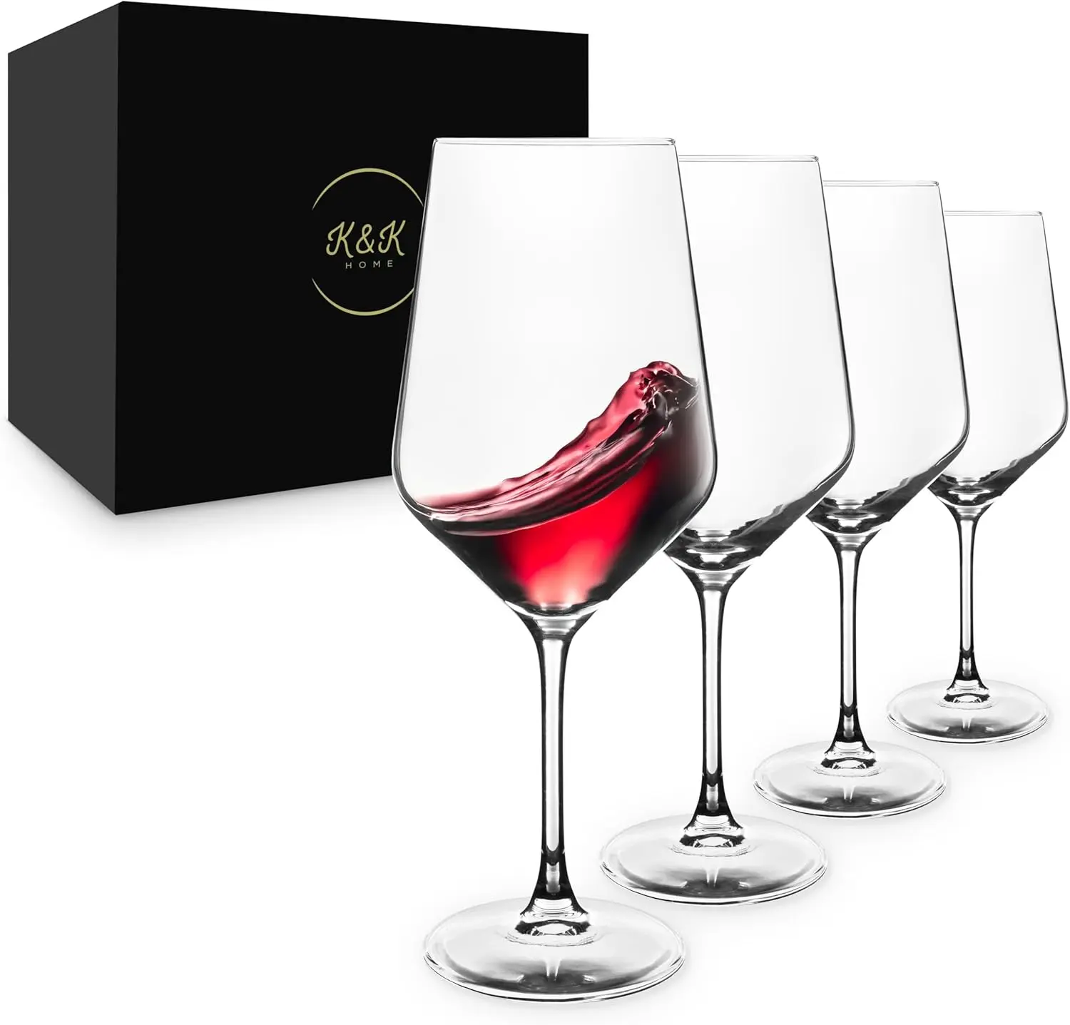 K&K Home Large Red Wine Glasses – Set of 4, 20 oz Modern Bowl – Elegant Clear Glass Wine Glasses for Red, White, Rosé, or Sangria – Durable, Lead-Free Glassware for Parties, Dinners & Gifts