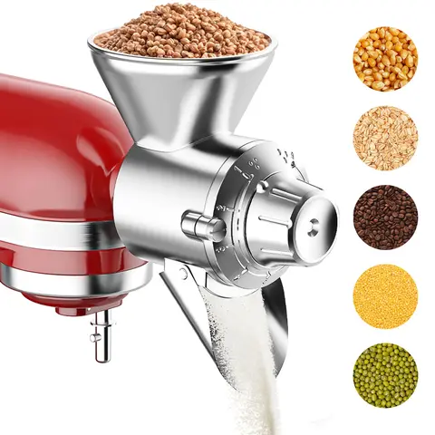 GVODE All Metal Aluminum Alloy Grain Mill Attachment for KitchenAid Mixers - Power Hub Universal Fit, 9-Speed 9-Stage Precision Grinding, Multi-Grain Compatibility, Adjustable Settings, Heavy Duty, 3.3Lb, Brush Cleans Burrs, Baking Use, Hand Wash Only