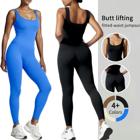 Women's Jumpsuits Seamless Ribbed Square Neck One Piece Yoga Workout Sleeveless Rompers Sexy Tank Top