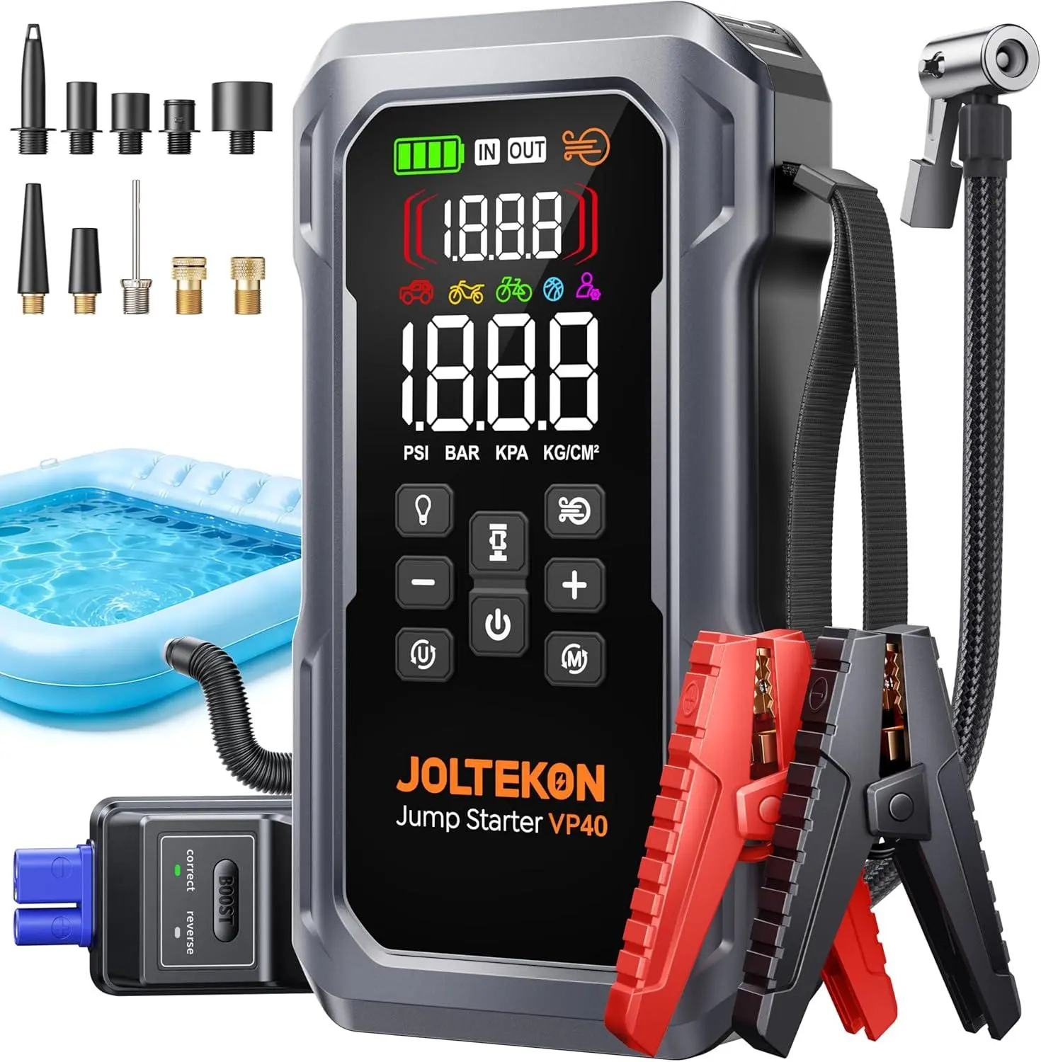 6000A 160PSI 9-In-1 Car Battery Jump Starter with Air Compressor & Air Blower (All Gas 12L Diesel), Battery Jumper Starter Portable Jump Box for Car Battery with 800LM Light/18W Fast Charge Joltekon