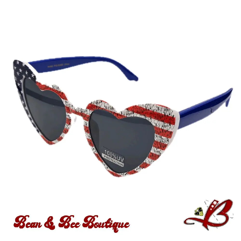 Bean & Bee Boutique Firecracker Frames Heart-Shaped Patriotic USA Flag Women's Sunglasses 100% UV Protection Dark Lenses American Stars and Stripes Red White and Blue Shades