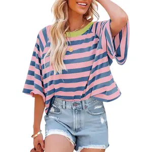 Striped 2026 Fashion T Shirts for Women Color Block Crewneck Design Loose Basic TeeGift