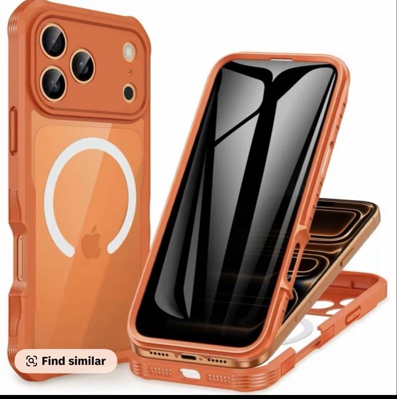 Magnetic Privacy for iPhone 17 Pro Case [Compatible with Magsafe] Full Body Phone Case Built-in 9H Tempered Glass Privacy Screen Protector, Camera Protection Shockproof Bumper Cover -Orange Smartphone Cellphone phone cases
