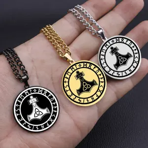 Viking Mjolnir Hammer Necklace Stainless Steel Thor Hammer Rune Circle Pendant