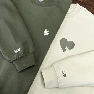 Custom Embroidered Heart and Puzzle Piece Sweatshirt, Initial With Heart On Sleeve, Anniversary Gift, Couple Hoodie, Valentines Day Gift