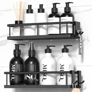 Adhesive Shower Caddy 2-Pack – No-Drill Wall-Mounted Bathroom Organizers with Removable Hooks, Rust-Proof Black Shower Shelves for Storage