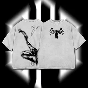 Superstyle Collection Symbiote Black Suit Spidey Hero MCU Edition Double Printed Oversize Lightweight Acid Washed Tee TV Series Graphic Design Top Cotton Streetwear Comic Superheroes T-Shirt Clothes Menswear Womenswear