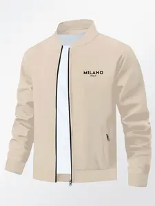 Men's Fall Winter Casual Letter Print Stand Collar Jacket, Business Style Outdoor Sports Coat, Zipper Closure Design, Casual Style Outerwear, Casual Fashion Coat