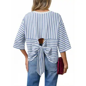 Dokotoo Womens Tops 2026 Striped Tie Back Short Sleeve T Shirts Crewneck Casual Loose Basic Tee Summer Outfits