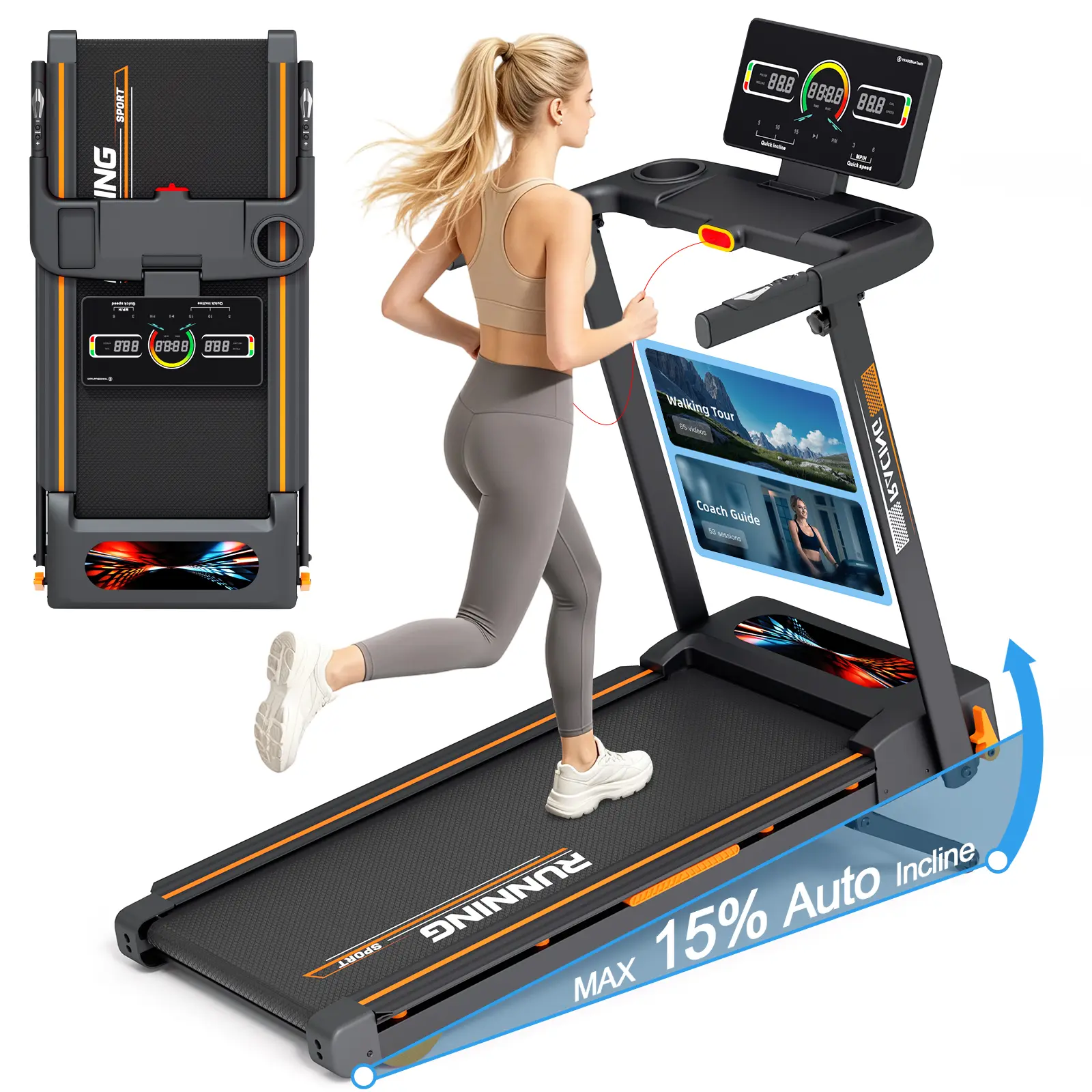 Foldable Smart Treadmill with 15% Auto Incline & HD Touchscreen – 3.0 HP Quiet Motor, 330 LBS Capacity, Bluetooth App Interactive Control, Built-in Speaker & Heart Rate Monitor, 8 Shock Absorbers & Workstation Desk