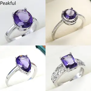 Elegant Amethyst Solitaire Statement Ring, Silver Plated Purple CZ Promise Band for Women, Classic Teardrop & Emerald Cut Designs, comfortable lightweight fit, great for everyday glamour, parties, anniversary gifts and formal styling