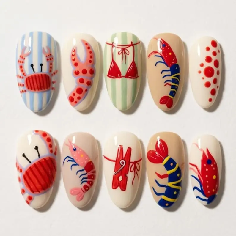 Seafood Beach Press On Nails | Cute Lobster Shrimp Crab Coastal Summer Nails | Nautical Bikini Stripe Reusable Fake Nail Set
