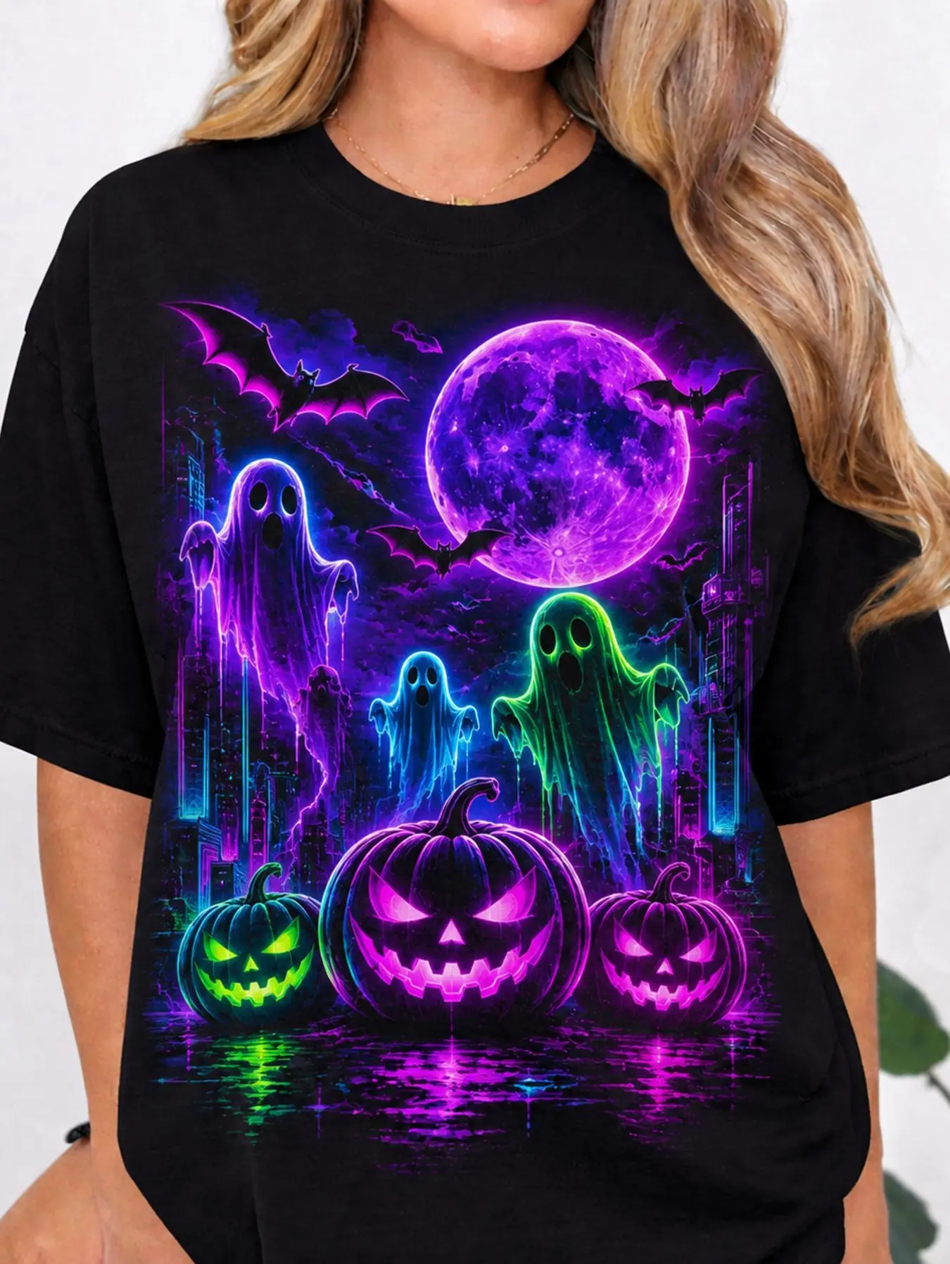Women's Casual Graphic T-Shirt - Ghosts, Pumpkins Design, Halloween Stuff for Women - Festive Occasion Top (No Glow in the Dark Feature)