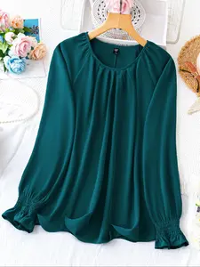 Plus Size Women's Chiffon Blouse, American Casual Simple Style, Long Sleeve Gathered Sleeves, Round Neck Loose Drape Design, Lightweight, Shirts Top