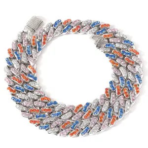 Hip Hop 12mm Colorful Cuban Chain Multicolor Zirconia Jewelry Personalized Unisex Luxury Fashion Bracelet Necklace Accessories gold-plated cuban necklace hip hop jewelry men