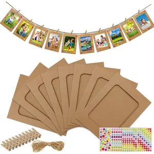 50 Pack Paper Picture Frames 4x6in, DIY Cardboard Photo Frames Hanging Display with 50 Clips and 5 Strings, Paper Photo Frame Art Display Frame with 12 Stickers for Wall Decor (Brown)