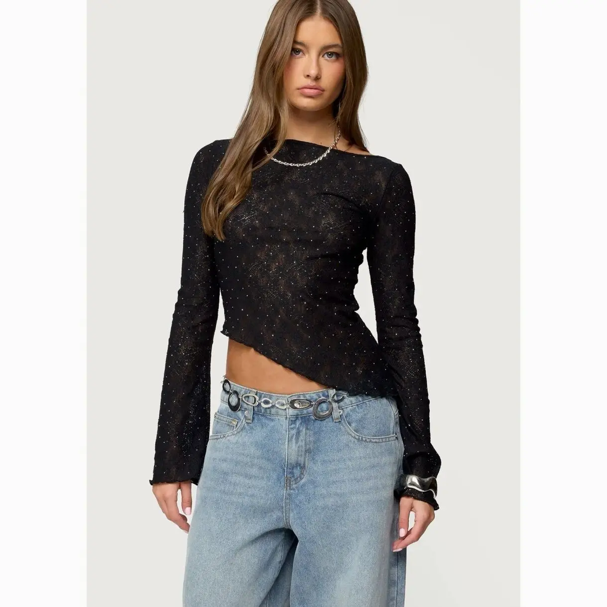 Edikted Mare Asymmetric Gem Sheer Lace Top