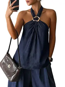 Women's Summer Casual Fitted Halter Top, Shoulder-Exposed Design, Faux Denim Metal Buckle Decoration, Sleeveless Blouse, Perfect for Spring & Summer